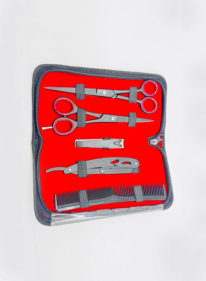 professional double scissors grooming kit, 6 piece beard and hair trimming set with case, red and grey professional double scissors grooming kit, 6 piece beard and hair trimming set with case, red and grey