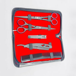 professional double scissors grooming kit, 6 piece beard and hair trimming set with case, red and grey