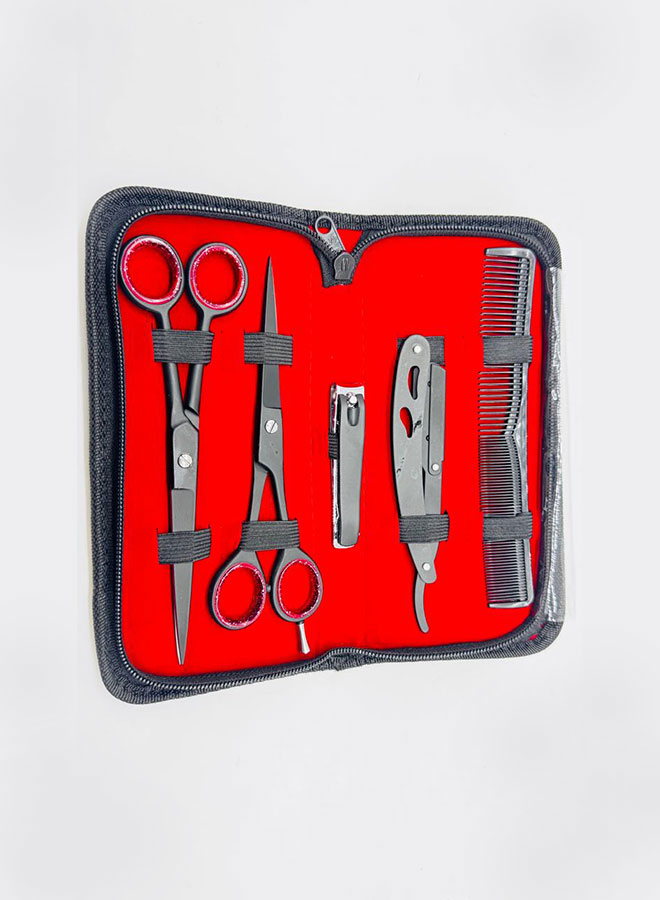 professional double scissors grooming kit, 6 piece beard and hair trimming set with case, red and grey professional double scissors grooming kit, 6 piece beard and hair trimming set with case, red and grey