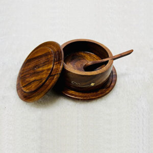 wooden brass sugar pot – 4 inch sugar container with wooden plate and spoon
