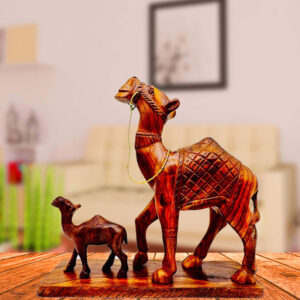 handmade wooden camel figurine – large traditional design – 12" sculpture with combined big & small camel – home & office décor