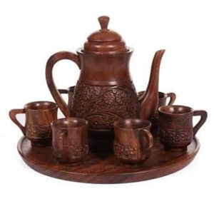 arabic style wooden tea set – handmade wooden tea serving set – 6 cups with tray & chanak – traditional home & tea décor