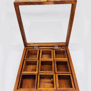 wooden spice box (masala box) with glass lid – handmade kitchen storage container – 12 inch